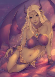 Rule 34 | 10s, 1girl, arm support, bed sheet, bracelet, braid, breasts, collarbone, covered erect nipples, elezen, elf, final fantasy, final fantasy xiv, gloves, groin, hand on own hip, horns, jewelry, large breasts, lipstick, long hair, looking at viewer, makeup, midriff, nail polish, navel, nipples, parted lips, petals, pointy ears, purple eyes, see-through, solo, soranamae, white hair, wings