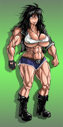 Rule 34 | abs, biceps, black hair, boots, breasts, gloves, grin, huge breasts, jacket, long hair, muscular, shorts, skull, smile, thick thighs, thighs