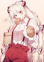 Rule 34 | 1girl, absurdres, bow, collared shirt, commentary, food, food in mouth, fujiwara no mokou, giving, hair bow, highres, holding, holding food, long hair, looking at viewer, pants, red eyes, red pants, shirt, simple background, somei ooo, speech bubble, suspenders, symbol-only commentary, touhou, translation request, white bow, white hair, white shirt