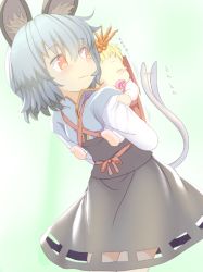 Rule 34 | 2girls, aged down, animal ears, baby, blonde hair, blush, capelet, carrying, closed eyes, gradient background, green background, grey hair, hair ornament, ishikkoro, long sleeves, looking back, mouse ears, mouse tail, multiple girls, nazrin, pacifier, piggyback, red eyes, ribbon, shirt, short hair, skirt, skirt set, sleeping, smile, tail, tail wagging, toramaru shou, touhou, vest