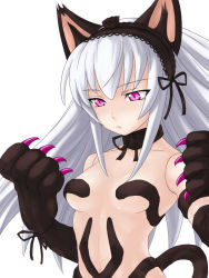 Rule 34 | 1girl, alternate costume, animal ears, animal hands, capcom, cat ears, cat tail, claws, cosplay, felicia (cosplay), felicia (vampire), hairband, itou yuuji, long hair, navel, pink eyes, rozen maiden, silver hair, solo, suigintou, tail, vampire (game)