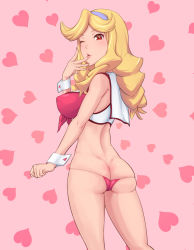Rule 34 | 10s, 1girl, ;), ass, back, blonde hair, boobies uniform, breasts, butt crack, curly hair, female focus, finger to mouth, from behind, front-tie top, g-string, hairband, heart, heart background, highres, honey (space dandy), kemurin, large breasts, lips, long hair, one eye closed, panties, pink background, short shorts, shorts, skindentation, smile, solo, space dandy, thong, underwear, uniform, wink, wrist cuffs