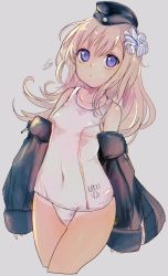 Rule 34 | 1girl, bare shoulders, black hat, black jacket, blonde hair, blue eyes, character name, cowboy shot, cropped legs, cross, flat chest, garrison cap, grey background, hat, hatoneko, highres, iron cross, jacket, kantai collection, long hair, long sleeves, looking at viewer, one-piece swimsuit, one-piece tan, puffy long sleeves, puffy sleeves, school swimsuit, simple background, solo, swimsuit, swimsuit under clothes, tan, tanline, u-511 (kancolle), white one-piece swimsuit
