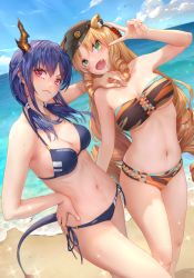 Rule 34 | &gt;:(, 2girls, animal ears, arknights, arm up, bandeau, bare arms, bare legs, bare shoulders, beach, beret, bikini, black headwear, blonde hair, blue bikini, blue hair, blue sky, blush, breasts, ch&#039;en (arknights), cloud, cowboy shot, day, drill hair, drill sidelocks, fang, feet out of frame, green eyes, hair between eyes, hand on another&#039;s shoulder, hand on own hip, hat, head tilt, highres, horns, jay xu, long hair, looking at viewer, low twintails, medium breasts, multiple girls, navel, ocean, open mouth, outdoors, red eyes, side-tie bikini bottom, sidelocks, sky, sparkle, standing, stomach, strapless, strapless bikini, string bikini, swimsuit, swire (arknights), tail, thighs, tiger ears, tube top, twintails, v, v-shaped eyebrows, very long hair, water