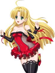 Rule 34 | 10s, 1girl, ahoge, asia argento, black thighhighs, blonde hair, breasts, cleavage, collarbone, covered navel, detached sleeves, dress, extraction, frilled dress, frills, green eyes, high school dxd, highres, long hair, open mouth, red ribbon, ribbon, see-through, solo, strapless, strapless dress, thighhighs, transparent background
