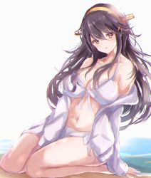 Rule 34 | 1girl, bad id, bad twitter id, bikini, black hair, breasts, brown eyes, cleavage, front-tie top, hairband, haruna (kancolle), headgear, highres, jacket, kantai collection, large breasts, long hair, looking at viewer, open clothes, open jacket, sa-ya2, sitting, solo, swimsuit, wariza, white bikini, white jacket
