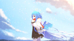 Rule 34 | 1girl, absurdly long hair, aoi thomas, black dress, blue hair, blue sky, blue wings, blush, closed mouth, cloud, commentary request, day, dress, feathered wings, floating hair, from side, highres, hood, hood down, hooded jacket, jacket, long hair, long sleeves, looking at viewer, looking to the side, orange eyes, original, outdoors, pantyhose, profile, puffy long sleeves, puffy sleeves, sky, sleeves past wrists, snowing, solo, very long hair, white jacket, white pantyhose, wings