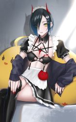 Rule 34 | 1girl, :d, absurdres, apron, azur lane, between breasts, bikini, bikini top only, black bikini, black collar, black hair, black jacket, black skirt, black thighhighs, blush, breast strap, breasts, cat hair ornament, cleavage, collar, commentary, cropped legs, cross-laced clothes, detached collar, ear piercing, earrings, elbow rest, eyes visible through hair, fingernails, frilled apron, frilled hairband, frilled sleeves, frills, hair ornament, hair over one eye, hairband, halterneck, hand on own leg, highres, horns, jacket, jewelry, long fingernails, maid, maid bikini, maid headdress, manjuu (azur lane), mechanical horns, medium breasts, midriff, multiple piercings, nail polish, o-ring, o-ring top, official alternate costume, open mouth, parted lips, piercing, puffy short sleeves, puffy sleeves, red horns, red nails, renzu (lens 02), shadow, short hair, short sleeves, shrug (clothing), sidelocks, sitting, skirt, sleeves past wrists, slit pupils, smile, solo, swept bangs, swimsuit, symbol-shaped pupils, thighhighs, thighs, tsurime, two-tone skirt, ulrich von hutten (azur lane), ulrich von hutten (mayhem maid) (azur lane), unconventional maid, waist apron, white apron, white hairband, wing collar, x hair ornament, zettai ryouiki