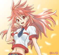 Rule 34 | 1girl, amou kanade, bad id, bad twitter id, belt, breasts, commentary request, link (aa30), long hair, looking at viewer, medium breasts, midriff, navel, open mouth, red eyes, red hair, senki zesshou symphogear, smile, solo