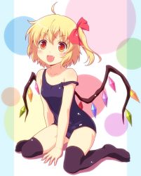 Rule 34 | 1girl, ahoge, black thighhighs, blonde hair, blush, fang, female focus, flandre scarlet, hair ribbon, highres, one-piece swimsuit, red eyes, ribbon, school swimsuit, short hair, side ponytail, sitting, solo, strap slip, swimsuit, thighhighs, touhou, wariza, wings, yamasan