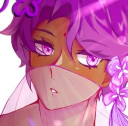 Rule 34 | 1boy, arabian clothes, bad id, bad pixiv id, colored eyelashes, commentary, cookie run, dark-skinned male, dark skin, flower, hair flower, hair ornament, korean commentary, lilac cookie, looking at viewer, lowres, male focus, petals, portrait, purple eyes, purple hair, short hair, solo, topless male, upper body, user vesz2377