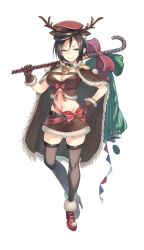 Rule 34 | 1girl, antlers, bell, belt, belt buckle, black hair, black thighhighs, breasts, brown cape, buckle, cape, choker, cleavage, cleavage cutout, clothing cutout, collar, explosive, formation girls, full body, fur trim, green eyes, grenade, hand on own hip, hat, high heels, highres, horns, large breasts, leaking, looking at viewer, navel, official art, peaked cap, pokachu, priscilla milford, reindeer antlers, sack, short hair, short shorts, shorts, smile, solo, standing, stick, thighhighs, transparent background