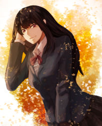 Rule 34 | 1girl, black hair, black skirt, blazer, bow, hand in own hair, hand up, highres, houzuki satowa, jacket, kono oto tomare!, long hair, long sleeves, looking at viewer, orange background, outdoors, red bow, red eyes, school uniform, simple background, skirt, solo, sorakuma (oycue41), standing, two-tone background, white background