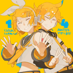 Rule 34 | 1boy, 1girl, ahoge, anniversary, back-to-back, belt, belt buckle, black sailor collar, black sleeves, blue hair, bow, buckle, closed eyes, colored tips, commentary, detached sleeves, double v, glider (artist), grin, hair bow, headphones, kagamine len, kagamine rin, midriff, multicolored hair, neckerchief, necktie, sailor collar, shirt, simple background, smile, translated, upper body, v, vocaloid, waving, white bow, white shirt, yellow background, yellow belt, yellow neckerchief, yellow necktie, yellow theme