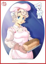 Rule 34 | 1girl, animal ears, apron, bear ears, blue eyes, bread, breasts, chef hat, chef, food, grey hair, hat, humanization, luichi88, mascot, mittens, pale skin, simple background, uniform, white hair