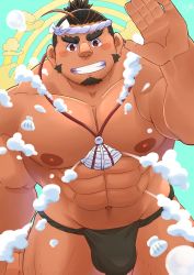 Rule 34 | 1boy, abs, ahoge, black fundoshi, black hair, blush, bubble, bulge, clenched hand, commentary request, cowboy shot, facial hair, fundoshi, gem, goatee, gouyuugou, green background, grin, hachimaki, halo, halo behind head, hand up, headband, highres, japanese clothes, jewelry, large pectorals, leg hair, looking at viewer, male focus, mature male, multicolored hair, muscular, muscular male, navel, necklace, nipples, orange eyes, orange hair, pearl (gemstone), pectorals, salute, sarutahiko (housamo), shell, shell necklace, smile, solo, thick eyebrows, thick thighs, thighs, tokyo houkago summoners, topless male, two-tone hair, undercut, underwear, underwear only, v-shaped eyebrows