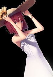Rule 34 | 1girl, absurdres, bare shoulders, blue eyes, boa (brianoa), bracelet, dress, flower, hands up, hat, hat flower, highres, hisui (tsukihime), jewelry, looking at viewer, red hair, smile, solo, straw hat, sun hat, sundress, sunflower, tsukihime, white dress