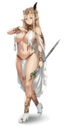 Rule 34 | 1girl, animated, animated gif, armlet, bare shoulders, blonde hair, breast curtains, breasts, cape, cleavage, closed mouth, elf, full body, green eyes, halterneck, hand on own chest, high heels, holding, houtengeki, houtengeki&#039;s elf girl, large breasts, long hair, looking at viewer, midriff, navel, original, pelvic curtain, pointy ears, revealing clothes, scepter, simple background, solo, standing, standing on one leg, tagme, white background, white cape, white footwear