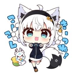 Rule 34 | 1girl, ahoge, animal ear fluff, animal ears, black hairband, black jacket, blush, braid, chibi, commentary request, earrings, fox ears, fox girl, fox tail, green eyes, hair between eyes, hairband, hololive, jacket, jewelry, long hair, looking at viewer, muuran, official alternate costume, open mouth, outstretched arms, pentagram, shirakami fubuki, shirakami fubuki (loungewear), sidelocks, simple background, single braid, sukonbu (shirakami fubuki), tail, virtual youtuber, white background, white hair