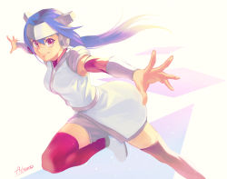 Rule 34 | 1girl, arm warmers, armor, artist name, blue hair, crosscode, hair between eyes, helmet, highres, lea (crosscode), long hair, looking at viewer, mochizuki achamo, outstretched arms, pink eyes, ponytail, red thighhighs, running, scar, scar on face, scar on nose, shorts, shoulder armor, sidelocks, simple background, solo, standing, thighhighs, white background