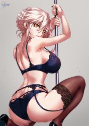 Rule 34 | 1girl, artoria pendragon (fate), artoria pendragon (lancer alter) (fate), ass, back, black footwear, black nails, black thighhighs, blue bra, blue panties, bra, braid, breasts, closed mouth, commentary request, fate/grand order, fate (series), french braid, garter belt, grey background, high heels, highres, kneeling, large breasts, lips, lipstick, long hair, looking at viewer, makeup, nail polish, on one knee, pale skin, panties, platinum blonde hair, pole, pole dancing, purple lips, sakiyamama, sidelocks, signature, solo, stripper pole, thighhighs, thighs, underwear, yellow eyes