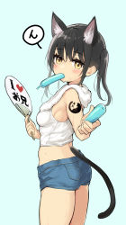 Rule 34 | 1girl, animal ear fluff, animal ears, ass, bare arms, bare shoulders, black hair, blue background, blue shorts, blush, breasts, cat ears, cat girl, cat tail, denim, denim shorts, from side, hair between eyes, hand fan, highres, holding, holding fan, kemonomimi mode, long hair, looking at viewer, looking to the side, minamura haruki, mouth hold, original, paper fan, short shorts, shorts, sidelocks, simple background, small breasts, solo, tail, tank top, towel, towel around neck, translation request, twintails, white tank top, yellow eyes