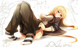 Rule 34 | 1girl, ahoge, blonde hair, breasts, covered erect nipples, grey eyes, large breasts, long hair, lying, mamuru, on back, original, pants, simple background, sleeves pushed up, socks, solo, striped clothes, striped socks, white background