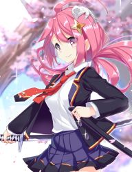 Rule 34 | 1girl, ahoge, bad id, bad pixiv id, badge, blazer, blurry, borrowed character, breasts, buttons, cherry blossoms, cowboy shot, depth of field, from side, hair ornament, holding, holding sword, holding weapon, hoshino (sakuragi ren), jacket, katana, long hair, long sleeves, looking at viewer, looking to the side, medium breasts, necktie, nyori, open clothes, open jacket, original, outdoors, pink eyes, pink hair, pleated skirt, ponytail, red hair, red necktie, school uniform, sidelocks, skirt, skull hair ornament, smile, solo, sparkle, sword, thighhighs, tree, weapon, zettai ryouiki