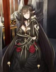Rule 34 | 1girl, absurdly long hair, black dress, black gloves, black hair, breasts, collarbone, commentary request, dress, elbow gloves, fate/apocrypha, fate/grand order, fate (series), fur-trimmed dress, fur trim, gloves, highres, large breasts, long hair, looking at viewer, one eye closed, pointy ears, semiramis (fate), solo, suiete, very long hair, yellow eyes