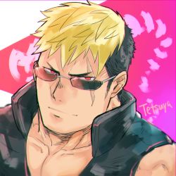 Rule 34 | 1boy, bara, blonde hair, hiraga0613, long sideburns, looking at viewer, male focus, multicolored hair, muscular, muscular male, pectoral cleavage, pectorals, portrait, red eyes, scar, scar across eye, scar on face, short hair, sideburns, sleeveless, smile, solo, onogami tetsuya, tokyo houkago summoners, two-tone hair, undercut