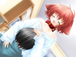 Rule 34 | 1boy, 1girl, :d, ^ ^, age difference, animal ears, bare shoulders, black hair, blush, book, bookshelf, brown hair, child, closed eyes, collar, couple, dog ears, dutch angle, fang, flat chest, from behind, game cg, hand on another&#039;s head, hetero, hinata (pure pure), hood, hoodie, hug, off shoulder, open mouth, oversized clothes, pink hair, pure pure, sakurazawa izumi, short hair, smile, sweater, television, window, yuuki jun