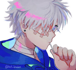 Rule 34 | 1boy, bandaid, bandaid on eye, blue eyes, blue hoodie, candy, close-up, earrings, food, food in mouth, hand up, hat babo, holding, holding candy, holding food, holding lollipop, hood, hood down, hoodie, hunter x hunter, jewelry, killua zoldyck, lollipop, looking at viewer, male focus, portrait, sideways glance, solo, stud earrings, white hair