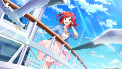 Rule 34 | 1girl, :d, bird, blue shirt, breasts, copyright notice, dolphin hair ornament, dolphin wave, game cg, green eyes, green scrunchie, hair ornament, hair scrunchie, hand in own hair, highres, large breasts, lens flare, official art, one side up, open mouth, pink skirt, red hair, sakimiya iruka, scrunchie, seagull, shirt, short hair, skirt, smile, solo, white shirt