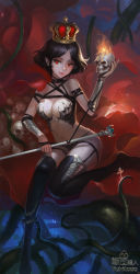 Rule 34 | 1girl, armor, bikini armor, black hair, black nails, black panties, black thighhighs, breasts, cleavage, crown, fire, flaming skull, highres, holding, large breasts, legwear garter, light particles, light smile, lipstick, looking at viewer, makeup, nail polish, navel, no shoes, original, panties, parted bangs, pile of skulls, plant, pointy ears, red eyes, sanpuu shiromizu, short hair, sitting, skull, solo, thigh strap, thighhighs, thorns, underwear, vambraces, vines, watermark