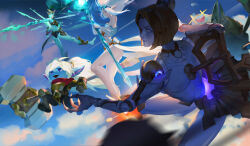 Rule 34 | 1boy, 4girls, ass, bare shoulders, barefoot, blonde hair, blue sky, closed mouth, cloud, colored skin, day, dress, from side, green skin, hammer, holding, holding hammer, holding polearm, holding staff, holding weapon, huge weapon, janna (league of legends), kalista, l+ (colour0816), league of legends, long hair, multiple girls, orianna (league of legends), outdoors, polearm, ponytail, poppy (league of legends), robot, rumble (league of legends), short hair, sky, smile, staff, tiara, twintails, weapon, white dress, white hair, yordle