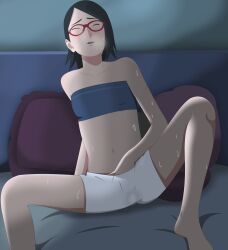 Rule 34 | 1girl, bare shoulders, bed sheet, black hair, black shirt, boruto: naruto next generations, closed eyes, female focus, female masturbation, fingering, foot out of frame, glasses, hand under clothes, highres, indoors, knee up, masturbation, midriff, naruto (series), navel, on bed, optimystic, pillow, pussy juice stain, red-framed eyewear, shirt, short hair, shorts, sitting, smile, solo, spread legs, strapless, sweat, thighs, tube top, uchiha sarada, white shorts