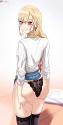 Rule 34 | 1girl, ass, blonde hair, breasts, collared shirt, colored tips, ear piercing, earrings, from behind, hand on own ass, hands on ass, highres, jewelry, kitagawa marin, long hair, looking at viewer, looking back, multicolored hair, o22no, panties, patreon logo, patreon username, piercing, plaid, plaid skirt, pleated skirt, red eyes, school uniform, shirt, skirt, smile, solo, sono bisque doll wa koi wo suru, underwear, white shirt