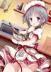 Rule 34 | 1girl, blush, bowl, chef hat, commentary request, cowboy shot, dress, food, food on clothes, food on face, givuchoko, grey eyes, grey hair, hat, highres, kitchen, layered dress, licking, licking finger, md5 mismatch, microwave, mixing bowl, moe2016, one side up, open mouth, original, puffy short sleeves, puffy sleeves, short sleeves, solo, spilling, tasting, thighs, tongue, tongue out, whisk, wrist cuffs