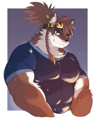 Rule 34 | 1boy, abs, animal ears, bara, blue shirt, braid, cartuja (epic seven), commentary request, dog boy, dog ears, epic seven, facial scar, furry, furry male, goggles, goggles on head, highres, kinoshita jiroh, looking at viewer, male focus, pectorals, scar, scar across eye, scar on cheek, scar on face, shirt, smile, thick eyebrows, upper body