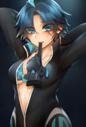 Rule 34 | 1girl, ahoge, arms behind head, bababababan, bad id, bad pixiv id, bikini, bikini top only, bikini under clothes, black survival, blue eyes, blue hair, breasts, collarbone, dyed ahoge, eyes visible through hair, glove in mouth, gloves, highres, medium breasts, mouth hold, open clothes, plunging neckline, racing suit, silvia piquet, solo, sweat, swimsuit