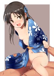 Rule 34 | 10s, 1boy, 1girl, blush, bow, breasts, brown eyes, brown hair, clothed female nude male, clothed sex, collarbone, cowgirl position, cum, cum in pussy, girl on top, hair bow, hetero, idolmaster, idolmaster cinderella girls, japanese clothes, long hair, navel, nipples, nude, open mouth, penis, pettan p, pussy juice, rape, restrained, reverse cowgirl position, sex, sex from behind, small breasts, solo focus, straddling, sweat, tachibana arisu, tears, testicles, vaginal