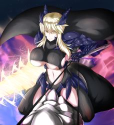Rule 34 | 1girl, armor, artist request, artoria pendragon (fate), artoria pendragon (lancer alter) (fate), bad id, bad pixiv id, black gloves, black thighhighs, blonde hair, braid, breasts, cape, closed mouth, dark persona, fate/grand order, fate (series), french braid, gauntlets, gloves, gradient background, headgear, highleg, highleg leotard, highres, holding, holding weapon, horns, huge breasts, lance, leotard, looking at viewer, mature female, midriff, navel, outdoors, parted lips, pauldrons, polearm, riding, shoulder armor, sky, solo, star (symbol), stomach, tareme, teeth, thighhighs, underboob, weapon, yellow eyes