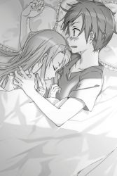 Rule 34 | 1boy, 1girl, asuna (sao), bed sheet, blush, bunbun, closed mouth, collarbone, couple, frilled pillow, frills, from above, greyscale, highres, kirito, long hair, lying, monochrome, novel illustration, official art, on side, open mouth, pillow, short sleeves, sword art online, under covers