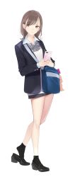 Rule 34 | 1girl, ama mitsuki, bag, bare legs, black footwear, black jacket, black skirt, black socks, blazer, blue bag, bow, bowtie, brown eyes, brown hair, carrying bag, cellphone, collared shirt, commentary request, expressionless, female focus, full body, grey bow, grey bowtie, highres, holding, holding phone, jacket, legs, long sleeves, looking away, looking to the side, medium hair, miniskirt, original, phone, pleated skirt, school uniform, shirt, shoes, simple background, skirt, smartphone, socks, solo, standing, striped bow, striped bowtie, striped clothes, swept bangs, white background, white shirt