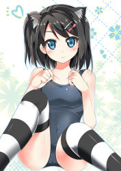 Rule 34 | 10s, 1girl, absurdres, animal ears, black hair, blue eyes, blush, breasts, cameltoe, cat ears, cat tail, catstudioinc (punepuni), collarbone, hair ornament, hairclip, halftone, halftone background, heart, hentai ouji to warawanai neko., highres, looking at viewer, one-piece swimsuit, original, school swimsuit, short hair, sitting, small breasts, smile, solo, striped background, striped clothes, striped thighhighs, swimsuit, tail, thighhighs, tsutsukakushi tsukiko