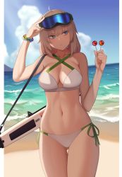 Rule 34 | 1girl, aa-12 (girls&#039; frontline), aa-12 (the sun never rises) (girls&#039; frontline), ahoge, arm up, automatic shotgun, bad id, bad pixiv id, bare arms, bare shoulders, beach, bikini, blue eyes, breasts, candy, cero (last2stage), cleavage, cloud, collarbone, combat shotgun, cowboy shot, criss-cross halter, day, food, girls&#039; frontline, goggles, goggles on head, grey hair, gun, halterneck, hand on goggles, highres, holding, large breasts, lollipop, looking away, looking to the side, mouth hold, navel, ocean, outdoors, shotgun, side-tie bikini bottom, solo, stomach, swimsuit, thighs, water, weapon, white bikini