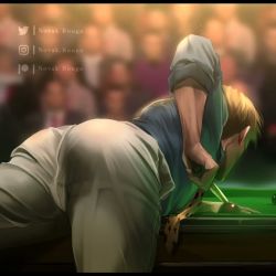 Rule 34 | 1boy, ass, ass focus, back, ball, billiard ball, billiards, blonde hair, blue shirt, blurry, blurry background, cue stick, holding cue stick, instagram username, jujutsu kaisen, male focus, nanami kento, necktie, novakrouge, pants, patreon username, pool table, shirt, short hair, sleeves rolled up, solo, table, twitter logo, twitter username, undefined, white pants