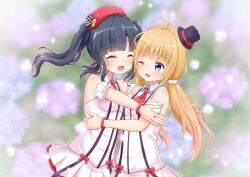 Rule 34 | 2girls, ;d, ^ ^, arm cuffs, aunt and niece, beret, black hair, black hat, blonde hair, blue eyes, blunt bangs, blurry, blurry background, closed eyes, collared dress, dress, frilled cuffs, green background, hair ornament, hair scrunchie, hat, highres, imminent hug, itsumura haruka, itsumura yukari, looking at another, low twintails, mini hat, mini top hat, multiple girls, necktie, one eye closed, open mouth, pleated dress, re:stage!, red hat, red necktie, scrunchie, short dress, sidelocks, sleeveless, sleeveless dress, smile, striped clothes, striped dress, tilted hat, top hat, twintails, vertical-striped clothes, vertical-striped dress, white dress, white scrunchie, yutuki ame