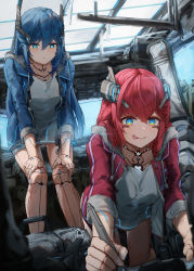 Rule 34 | 2girls, android, bag, blue eyes, blue hair, doll joints, drawing, duffel bag, hands on own knees, highres, hood, hoodie, joints, laboratory, long hair, looking down, multiple girls, red hair, robot ears, siblings, sisters, taiu, tongue, tongue out