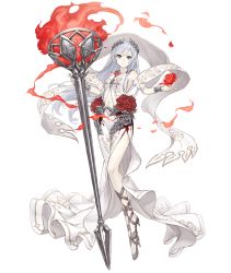 Rule 34 | 1girl, bracelet, dress, fire, flower, full body, grey eyes, high heels, jewelry, ji no, laurel crown, long hair, looking at viewer, official art, rose, shawl, sinoalice, snow white (sinoalice), solo, torch, transparent background, white dress, white hair